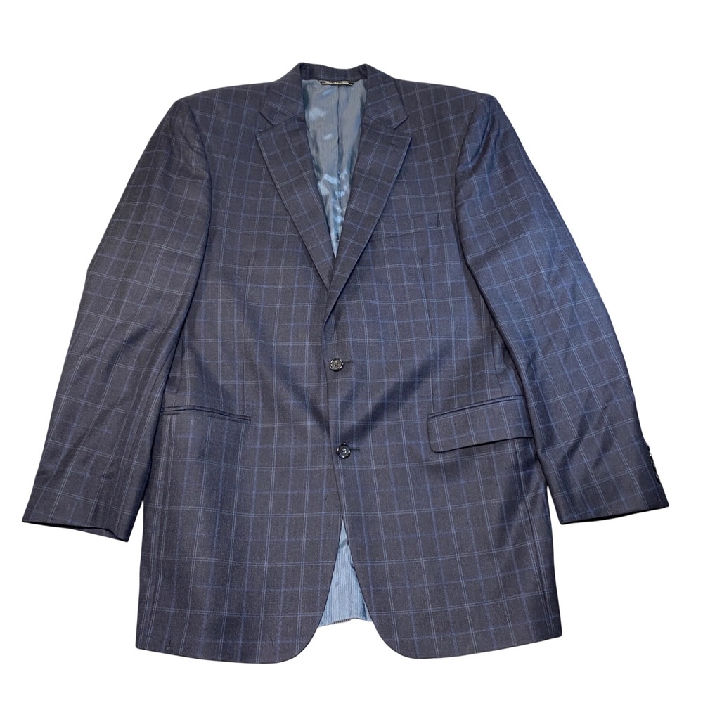 Jack Victor Mens 44L Blazer Navy Blue Windowpane Super 120s Wool Sport Coat 44 L